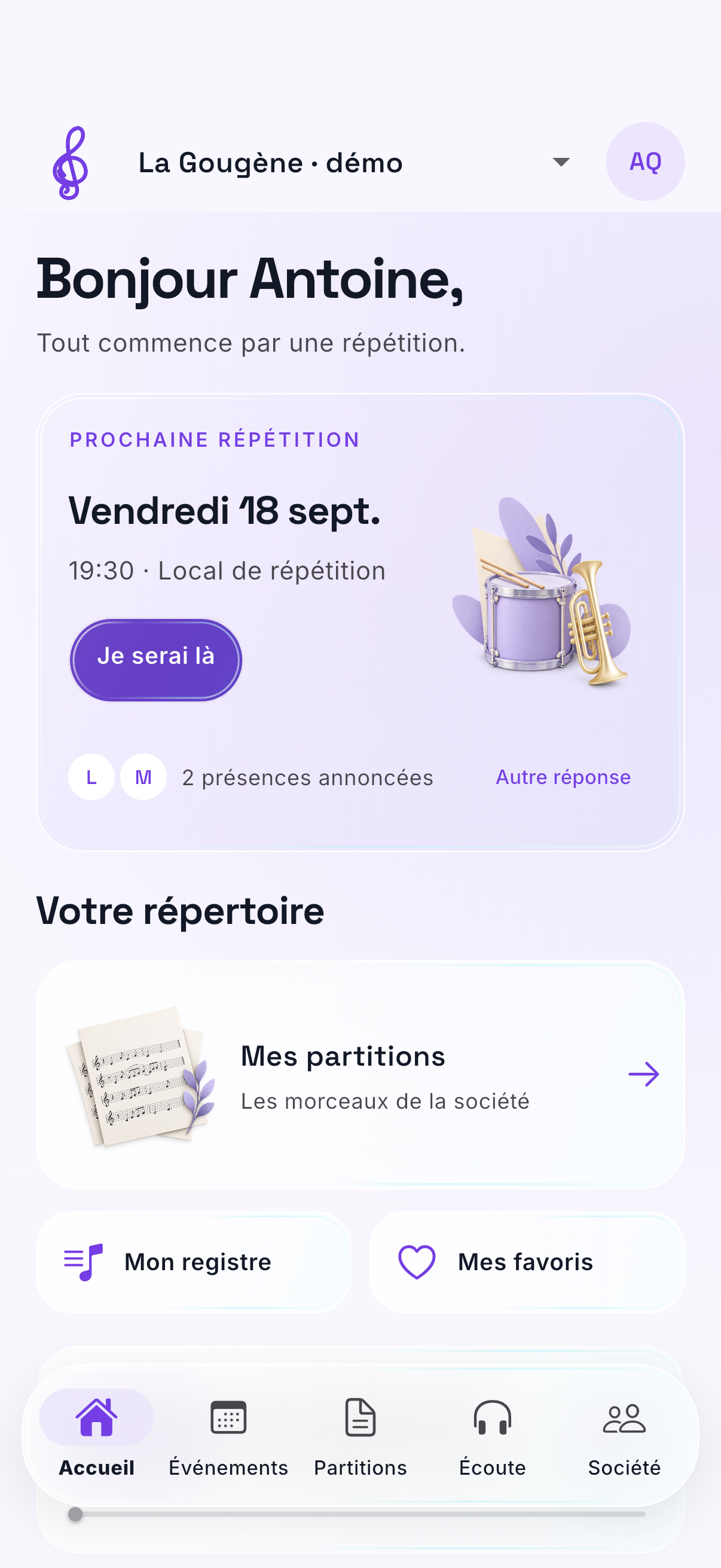 Accueil de Répèt : prochaine répétition, réponse de présence et accès aux partitions.