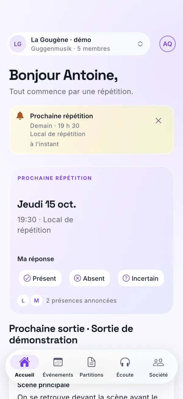 Accueil de Répèt : prochaine répétition, réponse de présence et accès aux partitions.